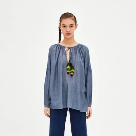 NWT Zara Blue Long Sleeve Pompom Top S - Picture 1 of 5